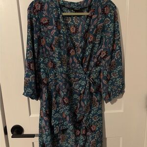 Torrid Teal Floral Long Sleeve Hi-low Wrap Blouse